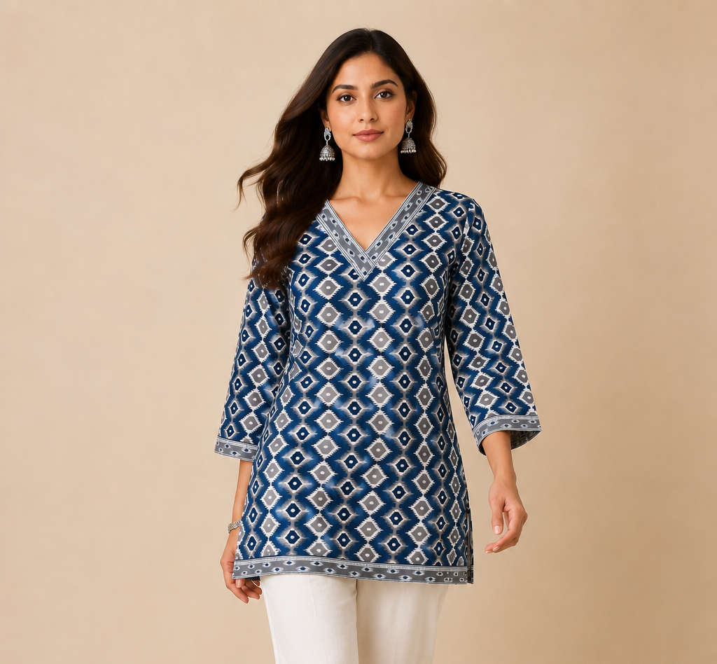 Blue Ikat Print V-Neck Straight Kurti