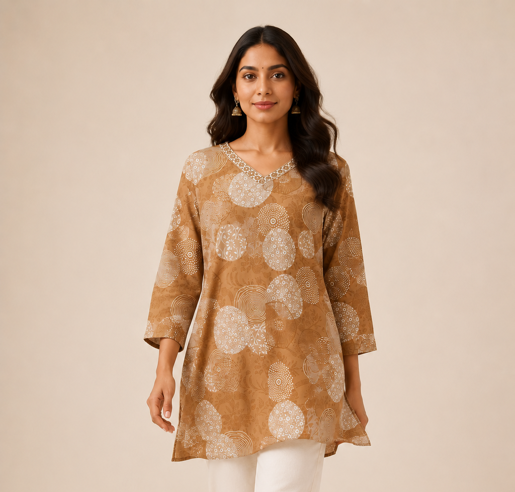 Beige Bloom Cotton Short Kurti