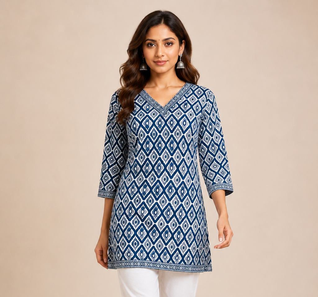 Blue Cotton Printed Short Kurti