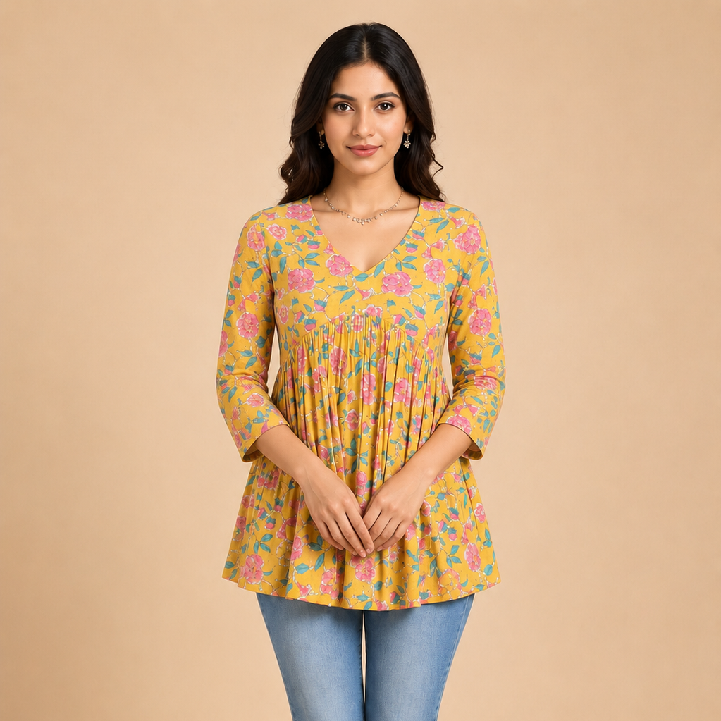 Yellow Floral Print Alia Cut Short Kurta
