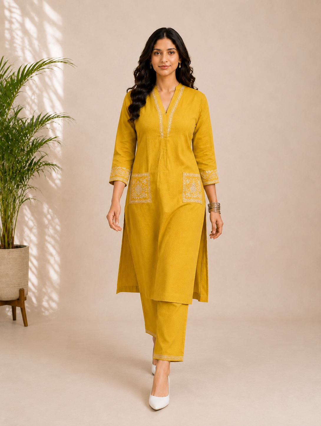 Mustard Yellow Embroidered Cotton Kurta Pant Set