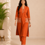 Rust Orange Embroidered Straight Kurta Pant Set