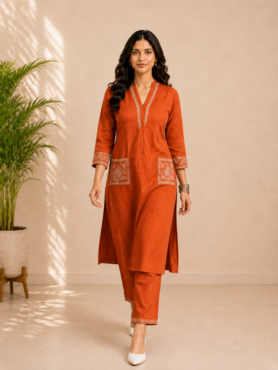 Rust Orange Embroidered Straight Kurta Pant Set
