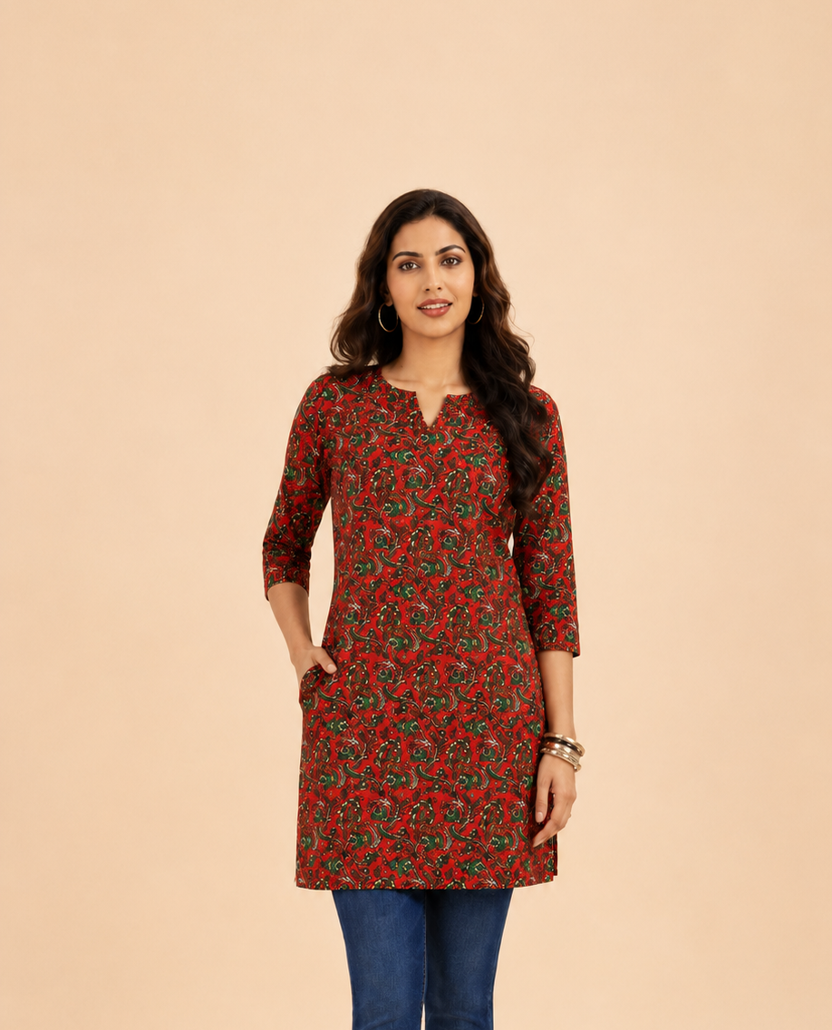 Women%26%238217%3Bs+Charcoal+Floral+Printed+Cotton+Short+Kurti