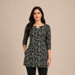 Black Floral Printed Cotton Short Kurti