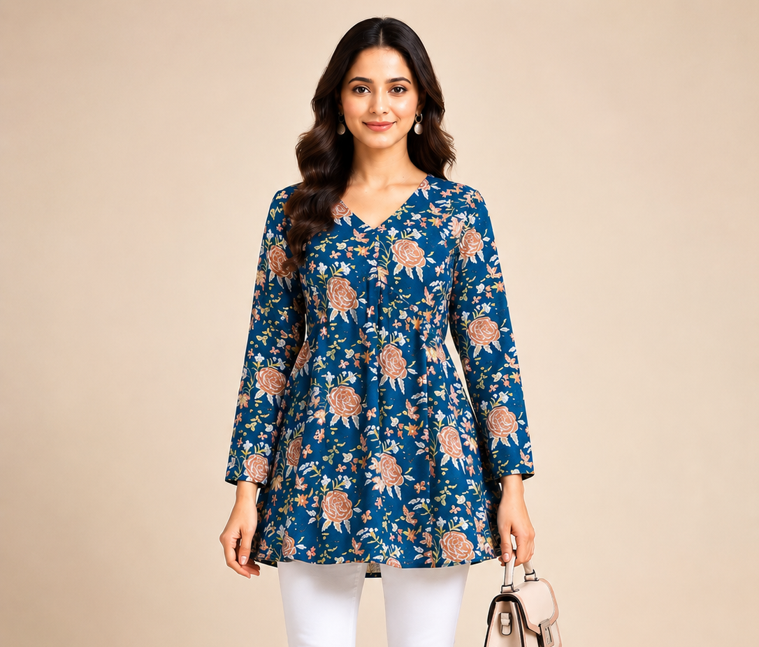 Blue Floral Alia Cut Short Kurti