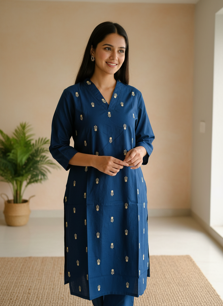 Pink+Floral+Printed+Cotton+Kurti+Set