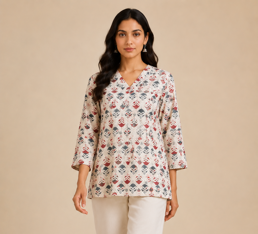 Ivory Blossom Cotton Short Kurti