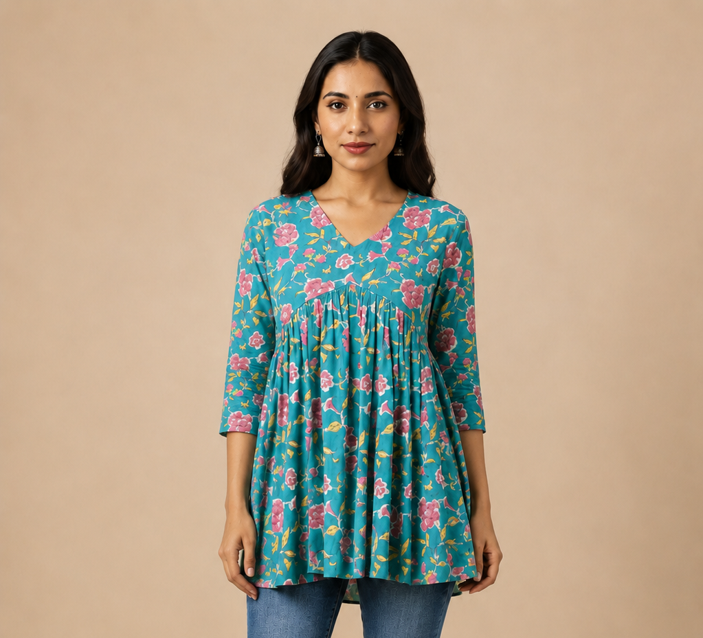 Teal Floral Printed Alia Cut Short Kurti